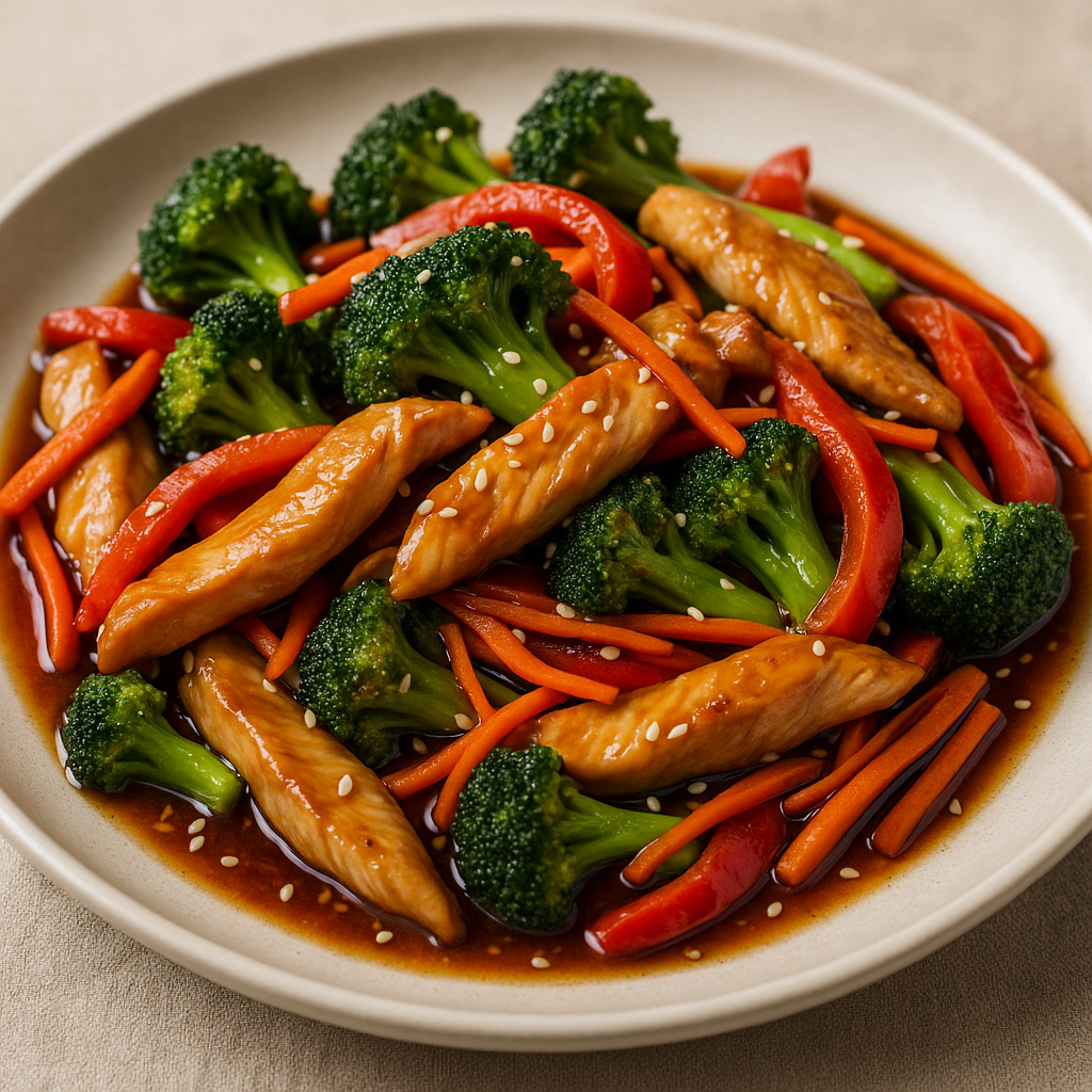 Plate of Teriyaki Chicken and Broccoli Stir-Fry with rice