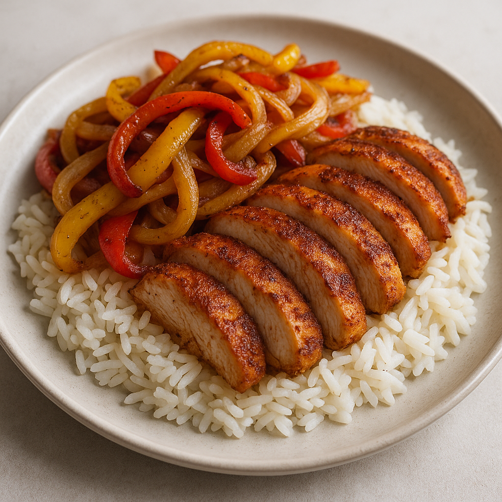 Zesty Chicken Fajita Rice Bowl with colorful vegetables and chicken.